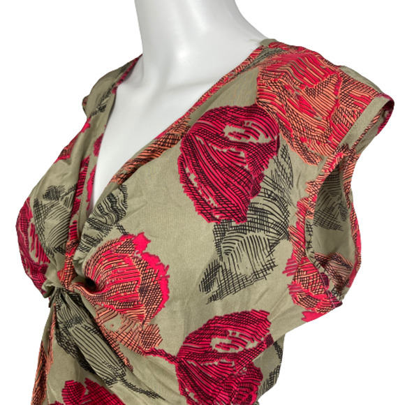 Laila & Savannah Shirt Womens Sz Small Brown Red Floral Silk V-Neck‎ Twist Top - Picture 2 of 10